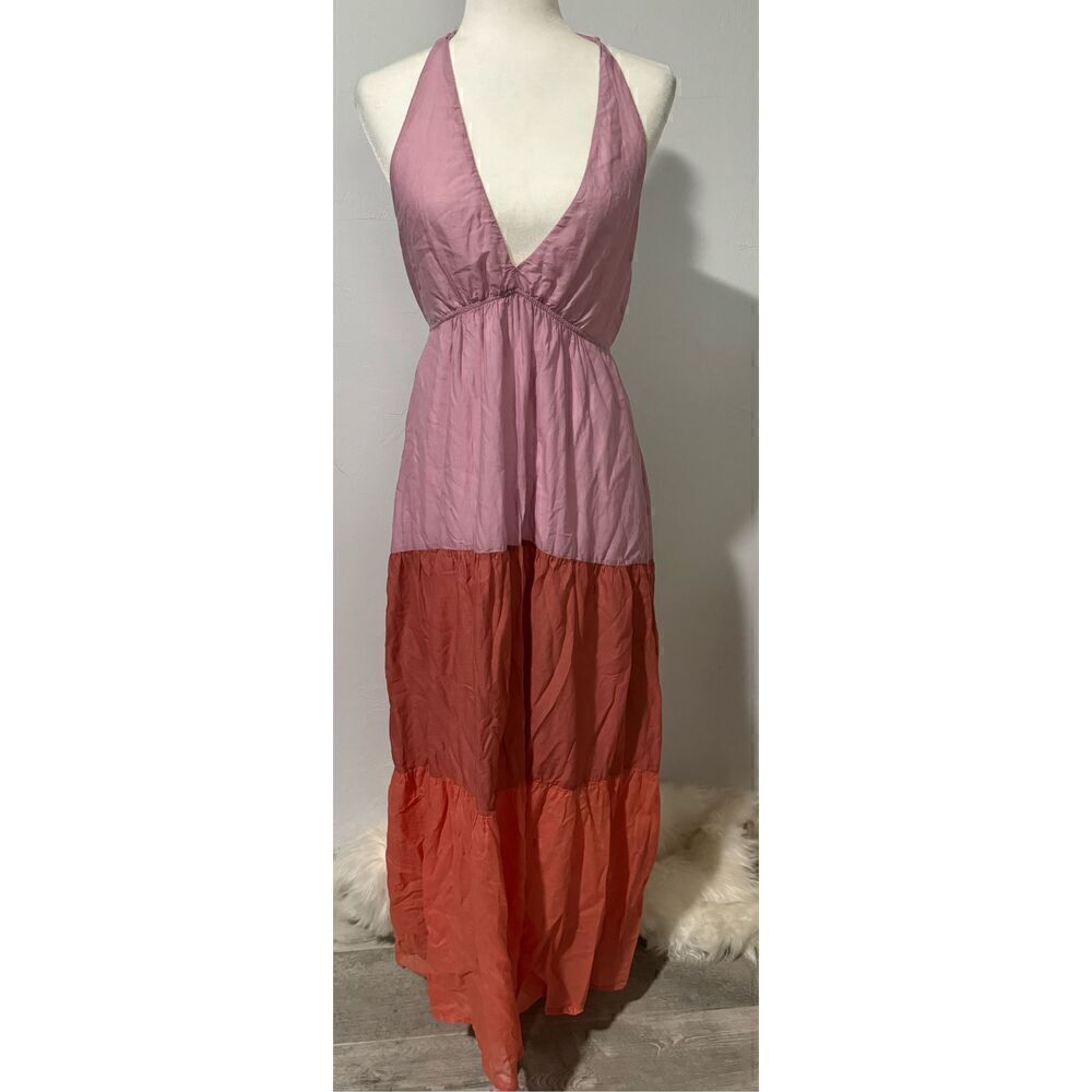Touché color block tiered maxi dress halter top L